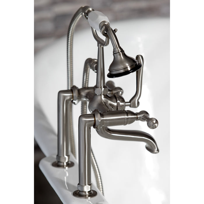 Kingston Heirloom AE103T8 - Aqua Vintage Three-Handle 2-Hole Deck-Mount Clawfoot Tub Faucet with Hand Shower, Brushed Nickel