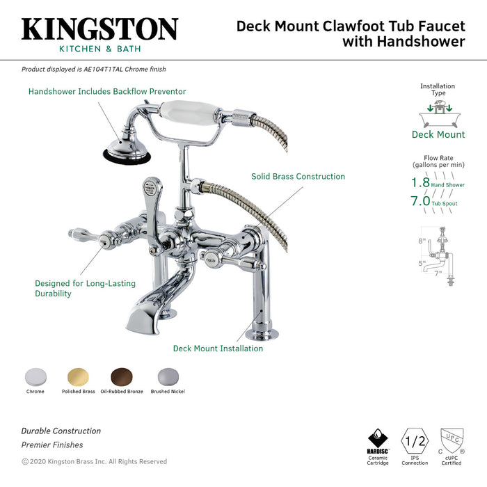 Kingston Heirloom AE103T8TAL - Tudor Three-Handle 2-Hole Deck-Mount Clawfoot Tub Faucet with Hand Shower, Brushed Nickel