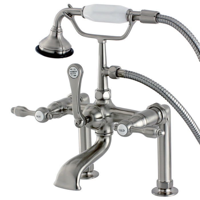 Kingston Heirloom AE103T8TAL - Tudor Three-Handle 2-Hole Deck-Mount Clawfoot Tub Faucet with Hand Shower, Brushed Nickel