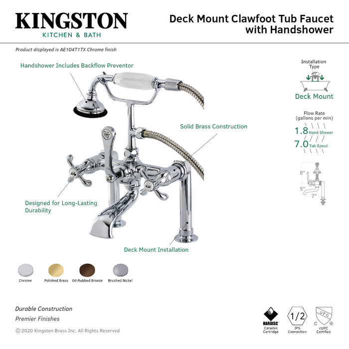Kingston Heirloom AE103T8TX - French Country Three-Handle 2-Hole Deck-Mount Clawfoot Tub Faucet with Hand Shower, Brushed Nickel