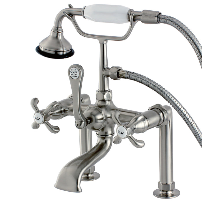 Kingston Heirloom AE103T8TX - French Country Three-Handle 2-Hole Deck-Mount Clawfoot Tub Faucet with Hand Shower, Brushed Nickel