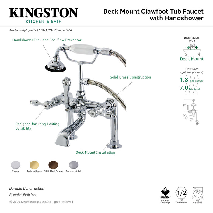 Tudor AE104T1TAL Three-Handle 2-Hole Deck Mount Clawfoot Tub Faucet with Hand Shower, Polished Chrome