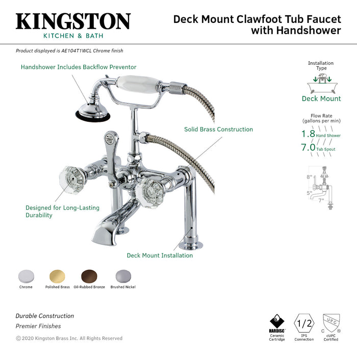Celebrity AE104T1WCL Three-Handle 2-Hole Deck Mount Clawfoot Tub Faucet with Hand Shower, Polished Chrome