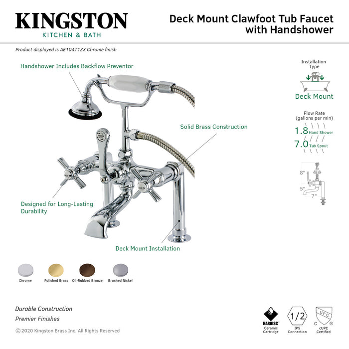 Kingston Heirloom AE104T1ZX - Millennium Three-Handle 2-Hole Deck-Mount Clawfoot Tub Faucet with Hand Shower, Polished Chrome