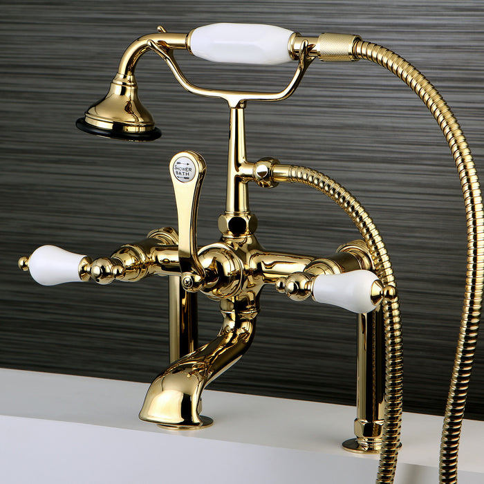 Aqua Vintage AE105T2 Three-Handle 2-Hole Deck Mount Clawfoot Tub Faucet with Hand Shower, Polished Brass