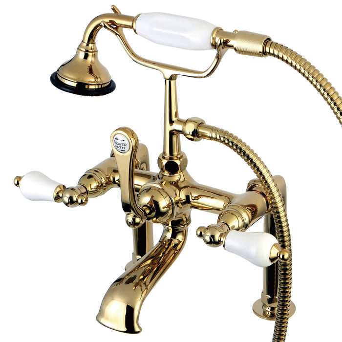 Aqua Vintage AE105T2 Three-Handle 2-Hole Deck Mount Clawfoot Tub Faucet with Hand Shower, Polished Brass