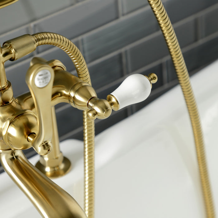 Kingston Heirloom AE105T7 - Aqua Vintage Three-Handle 2-Hole Deck-Mount Clawfoot Tub Faucet with Hand Shower, Brushed Brass