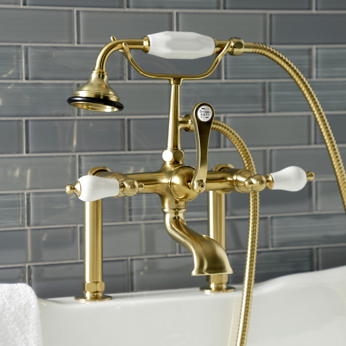 Kingston Heirloom AE105T7 - Aqua Vintage Three-Handle 2-Hole Deck-Mount Clawfoot Tub Faucet with Hand Shower, Brushed Brass