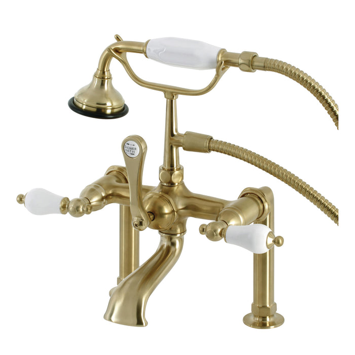 Kingston Heirloom AE105T7 - Aqua Vintage Three-Handle 2-Hole Deck-Mount Clawfoot Tub Faucet with Hand Shower, Brushed Brass