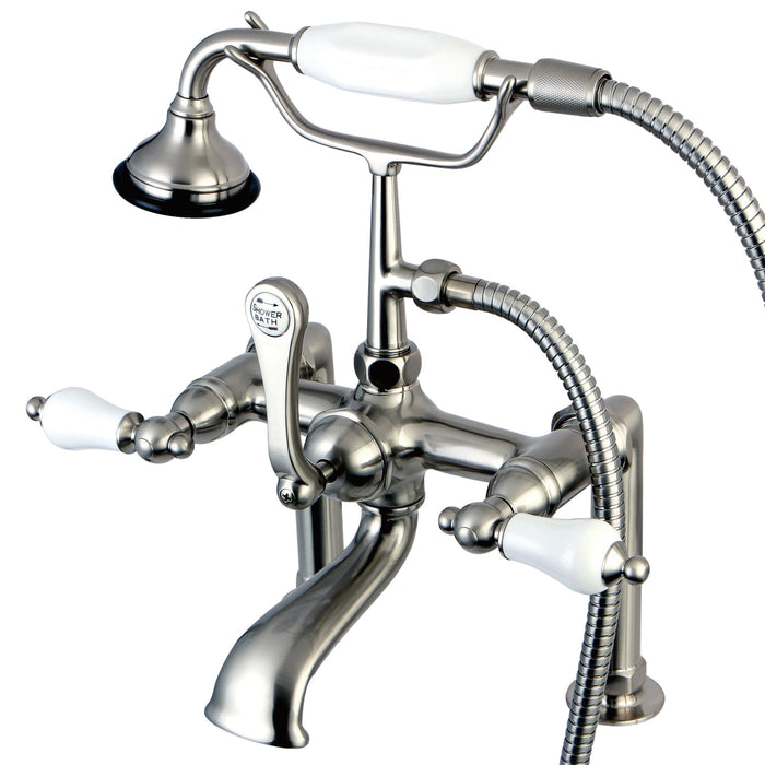 Aqua Vintage AE105T8 Three-Handle 2-Hole Deck Mount Clawfoot Tub Faucet with Hand Shower, Brushed Nickel