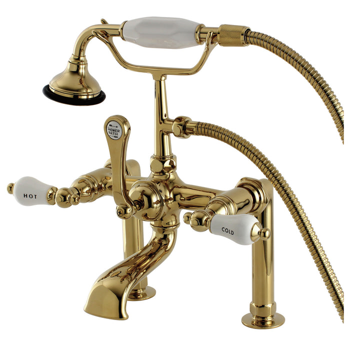 Aqua Vintage AE107T2 Three-Handle 2-Hole Deck Mount Clawfoot Tub Faucet with Hand Shower, Polished Brass