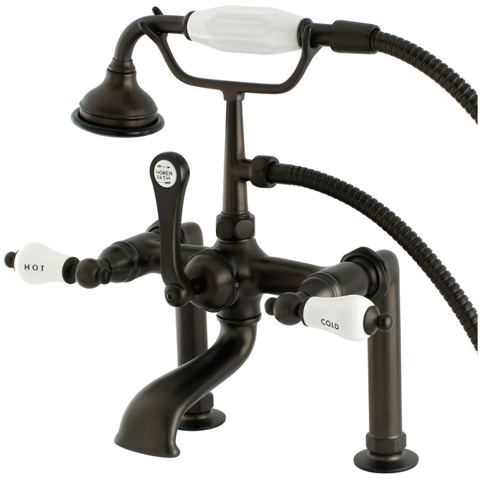 Aqua Vintage AE107T5 Three-Handle 2-Hole Deck Mount Clawfoot Tub Faucet with Hand Shower, Oil Rubbed Bronze