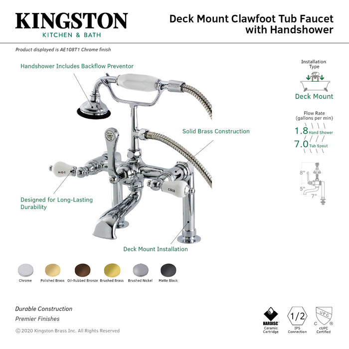 Kingston Heirloom AE107T7 - Aqua Vintage Three-Handle 2-Hole Deck-Mount Clawfoot Tub Faucet with Hand Shower, Brushed Brass