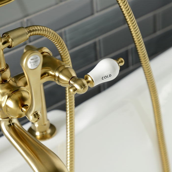 Kingston Heirloom AE107T7 - Aqua Vintage Three-Handle 2-Hole Deck-Mount Clawfoot Tub Faucet with Hand Shower, Brushed Brass