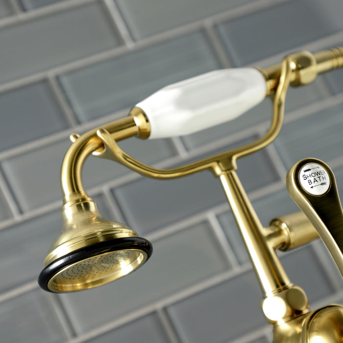 Aqua Vintage AE107T7 Three-Handle 2-Hole Deck Mount Clawfoot Tub Faucet with Hand Shower, Brushed Brass