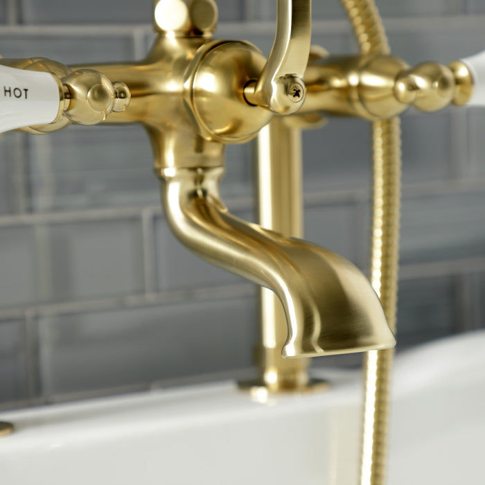 Kingston Heirloom AE107T7 - Aqua Vintage Three-Handle 2-Hole Deck-Mount Clawfoot Tub Faucet with Hand Shower, Brushed Brass