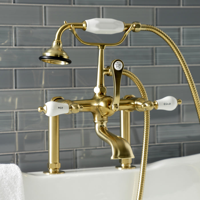 Aqua Vintage AE107T7 Three-Handle 2-Hole Deck Mount Clawfoot Tub Faucet with Hand Shower, Brushed Brass