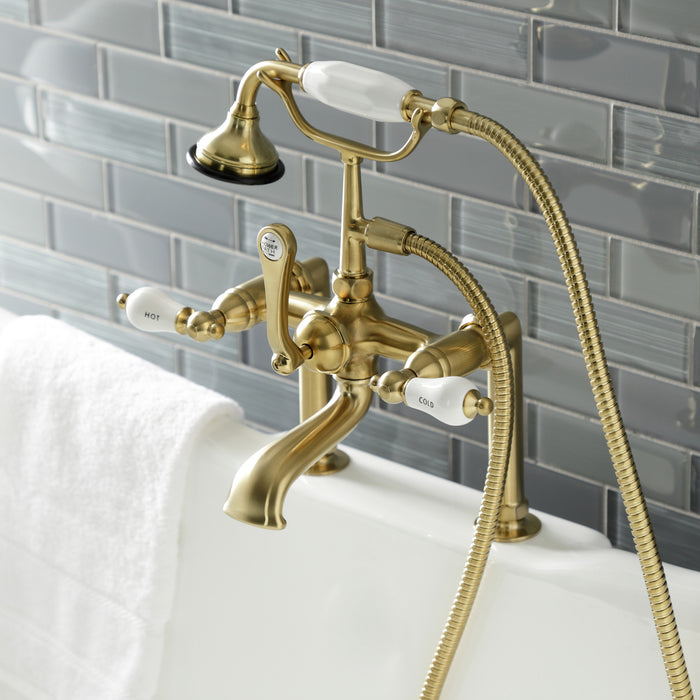 Kingston Heirloom AE107T7 - Aqua Vintage Three-Handle 2-Hole Deck-Mount Clawfoot Tub Faucet with Hand Shower, Brushed Brass