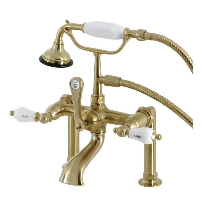 Kingston Heirloom AE107T7 - Aqua Vintage Three-Handle 2-Hole Deck-Mount Clawfoot Tub Faucet with Hand Shower, Brushed Brass