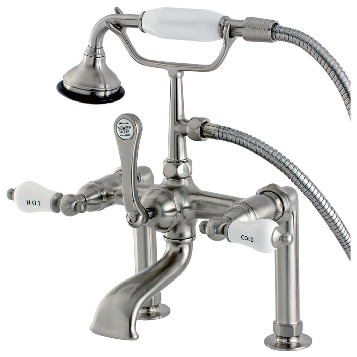 Aqua Vintage AE107T8 Three-Handle 2-Hole Deck Mount Clawfoot Tub Faucet with Hand Shower, Brushed Nickel