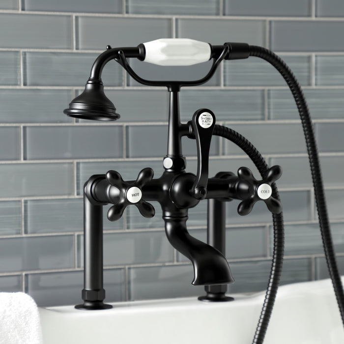 Aqua Vintage AE109T0 Three-Handle 2-Hole Deck Mount Clawfoot Tub Faucet with Hand Shower, Matte Black