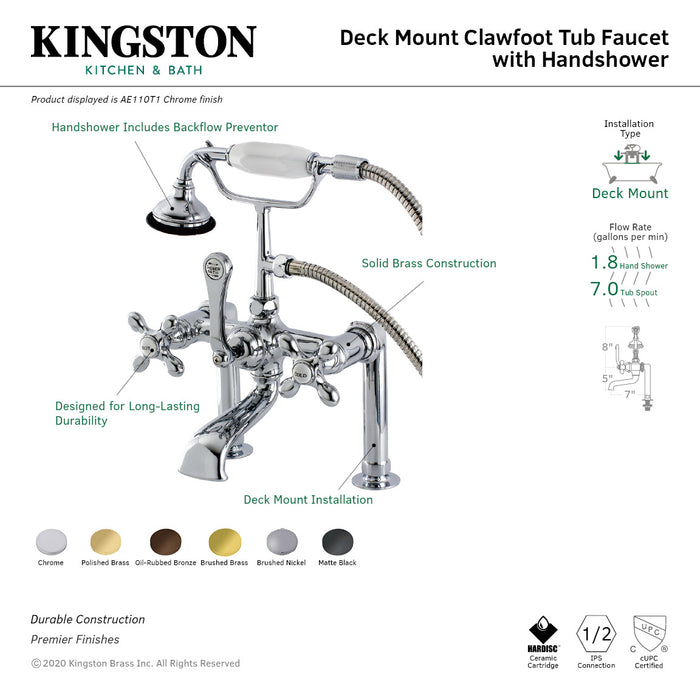 Aqua Vintage AE109T5 Three-Handle 2-Hole Deck Mount Clawfoot Tub Faucet with Hand Shower, Oil Rubbed Bronze