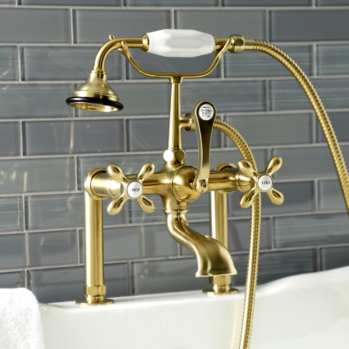 Aqua Vintage AE109T7 Three-Handle 2-Hole Deck Mount Clawfoot Tub Faucet with Hand Shower, Brushed Brass