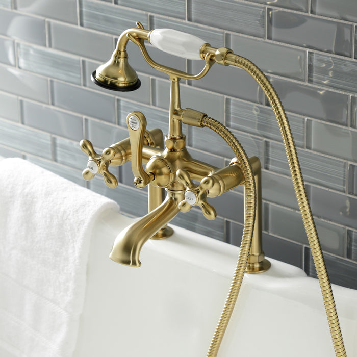 Aqua Vintage AE109T7 Three-Handle 2-Hole Deck Mount Clawfoot Tub Faucet with Hand Shower, Brushed Brass