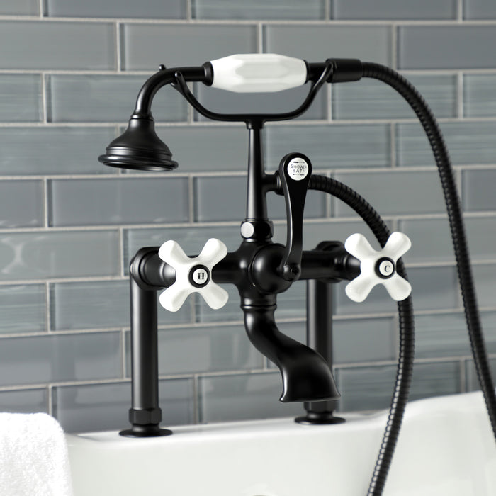 Kingston Heirloom AE111T0 - Aqua Vintage Three-Handle 2-Hole Deck-Mount Clawfoot Tub Faucet with Hand Shower, Matte Black