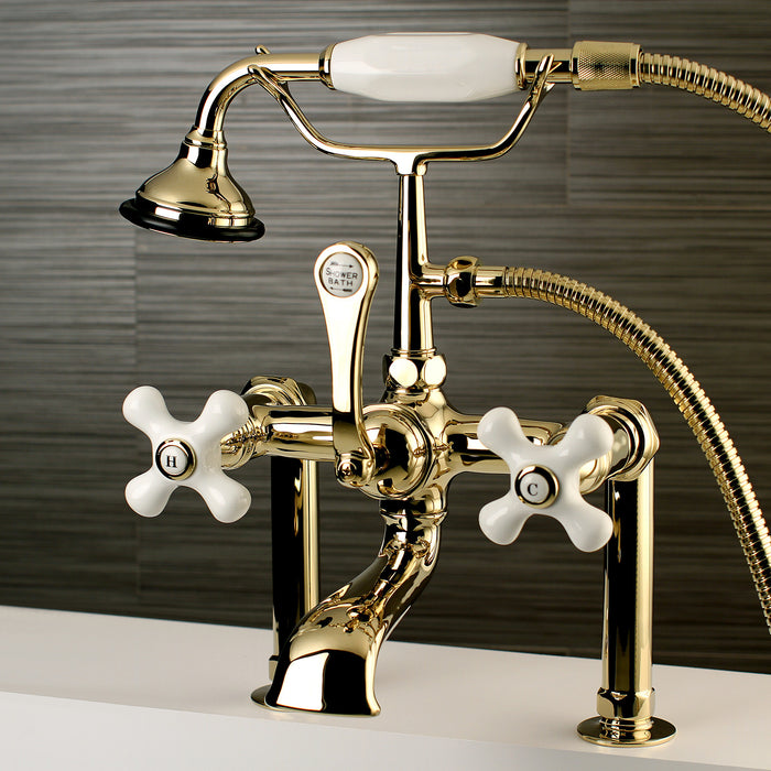 Aqua Vintage AE111T2 Three-Handle 2-Hole Deck Mount Clawfoot Tub Faucet with Hand Shower, Polished Brass