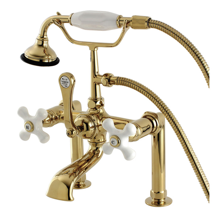 Aqua Vintage AE111T2 Three-Handle 2-Hole Deck Mount Clawfoot Tub Faucet with Hand Shower, Polished Brass