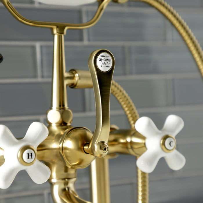 Kingston Heirloom AE111T7 - Aqua Vintage Three-Handle 2-Hole Deck-Mount Clawfoot Tub Faucet with Hand Shower, Brushed Brass