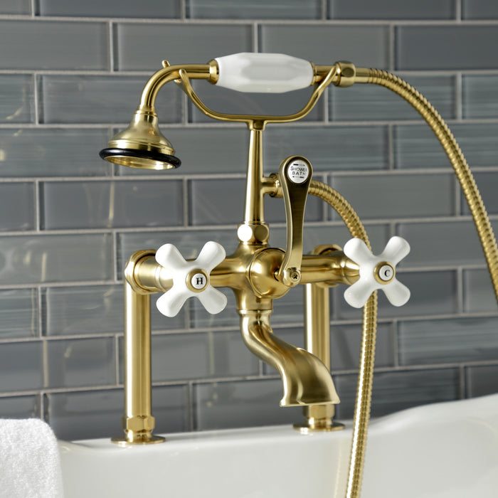 Aqua Vintage AE111T7 Three-Handle 2-Hole Deck Mount Clawfoot Tub Faucet with Hand Shower, Brushed Brass
