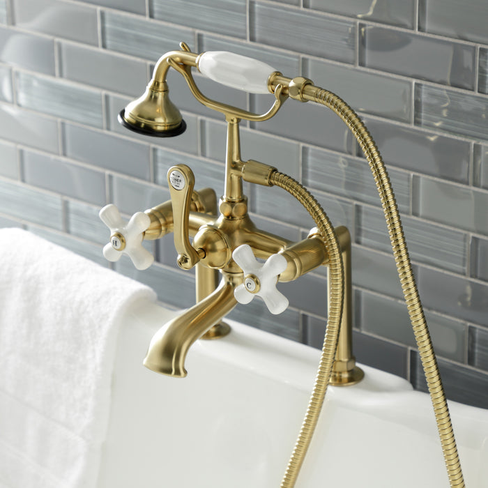 Kingston Heirloom AE111T7 - Aqua Vintage Three-Handle 2-Hole Deck-Mount Clawfoot Tub Faucet with Hand Shower, Brushed Brass