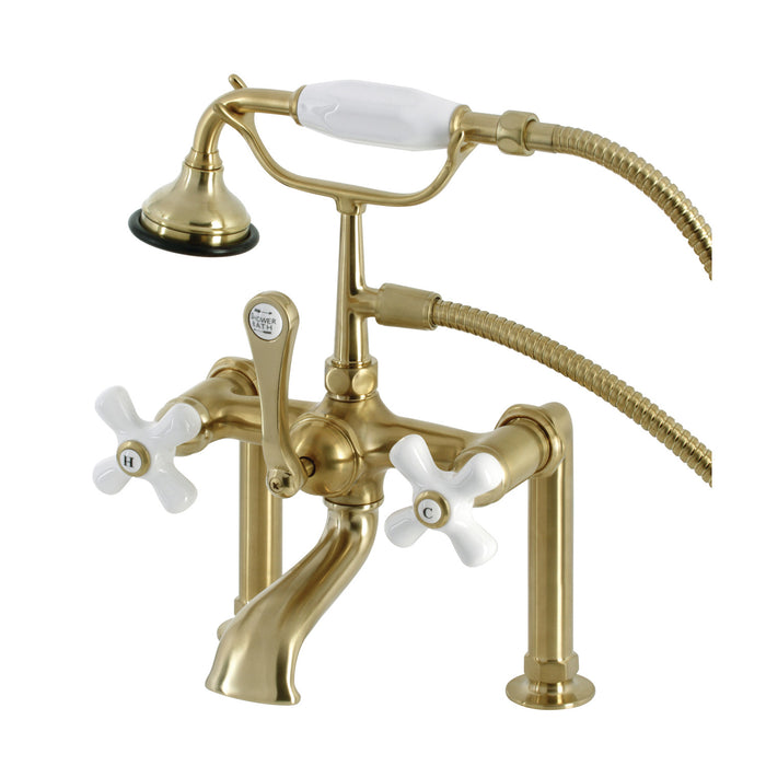Aqua Vintage AE111T7 Three-Handle 2-Hole Deck Mount Clawfoot Tub Faucet with Hand Shower, Brushed Brass