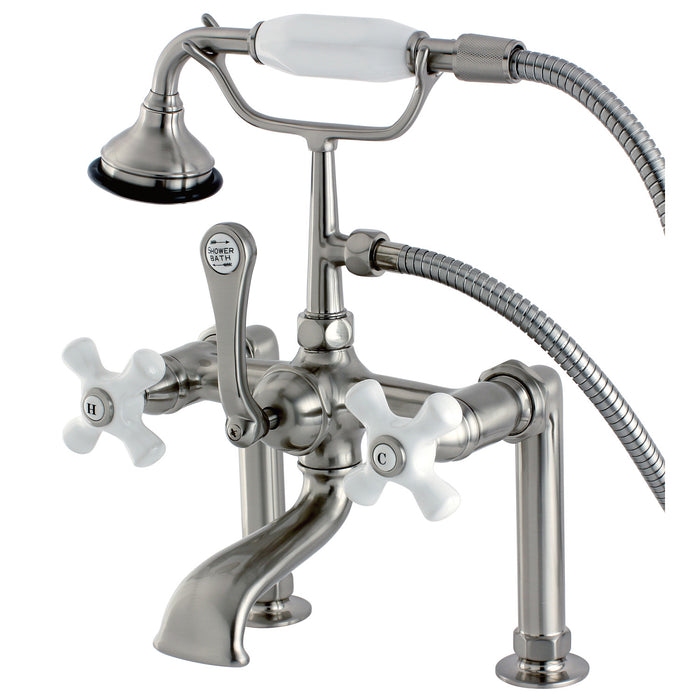 Kingston Heirloom AE111T8 - Aqua Vintage Three-Handle 2-Hole Deck-Mount Clawfoot Tub Faucet with Hand Shower, Brushed Nickel