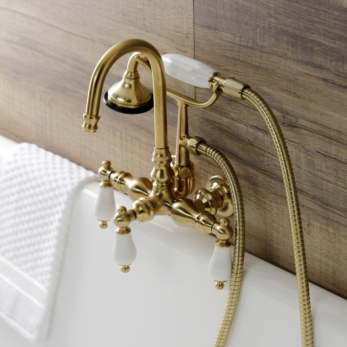Aqua Vintage AE11T7 Three-Handle 2-Hole Tub Wall Mount Clawfoot Tub Faucet with Hand Shower, Brushed Brass