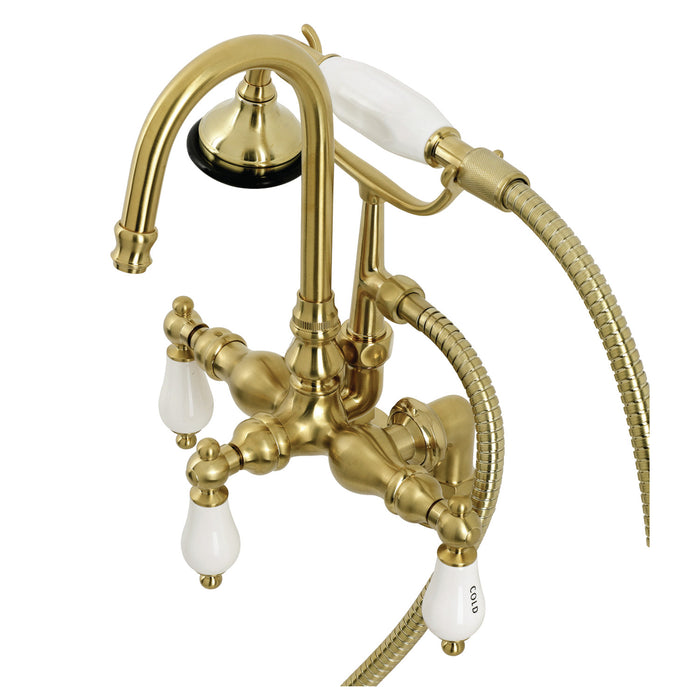 Aqua Vintage AE17T7 Three-Handle 2-Hole Deck Mount Clawfoot Tub Faucet with Hand Shower, Brushed Brass