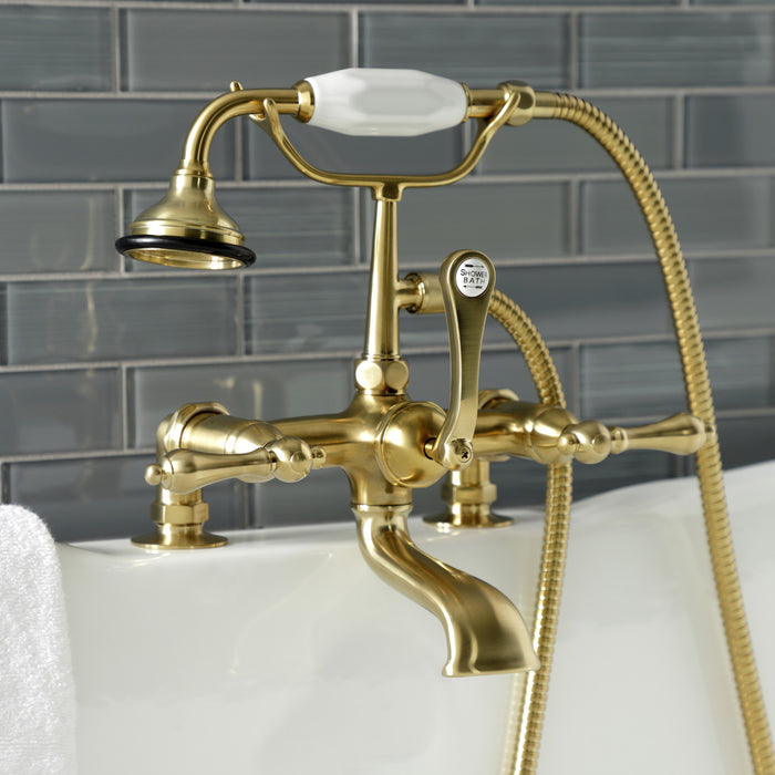 Aqua Vintage AE203T7 Three-Handle 2-Hole Deck Mount Clawfoot Tub Faucet with Hand Shower, Brushed Brass