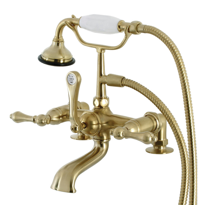Aqua Vintage AE203T7 Three-Handle 2-Hole Deck Mount Clawfoot Tub Faucet with Hand Shower, Brushed Brass