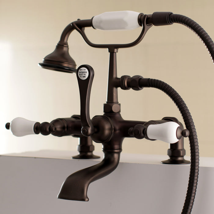 Aqua Vintage AE205T5 Three-Handle 2-Hole Deck Mount Clawfoot Tub Faucet with Hand Shower, Oil Rubbed Bronze