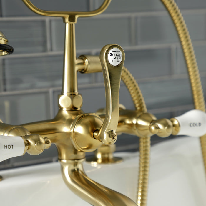 Aqua Vintage AE207T7 Three-Handle 2-Hole Deck Mount Clawfoot Tub Faucet with Hand Shower, Brushed Brass