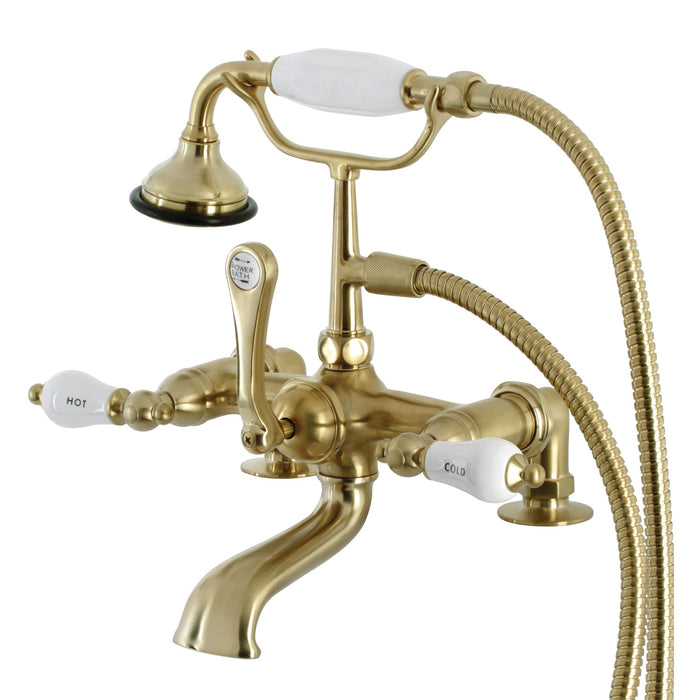 Kingston Heirloom AE207T7 - Aqua Vintage Three-Handle 2-Hole Deck-Mount Clawfoot Tub Faucet with Hand Shower, Brushed Brass