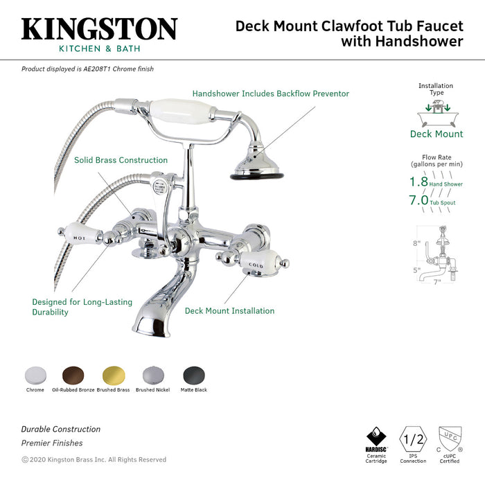 Kingston Heirloom AE207T8 - Aqua Vintage Three-Handle 2-Hole Deck-Mount Clawfoot Tub Faucet with Hand Shower, Brushed Nickel