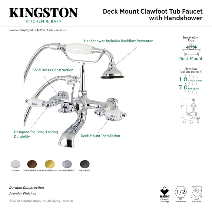 Aqua Vintage AE207T8 Three-Handle 2-Hole Deck Mount Clawfoot Tub Faucet with Hand Shower, Brushed Nickel