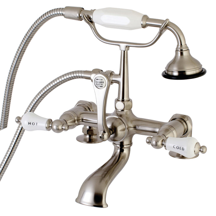 Kingston Heirloom AE207T8 - Aqua Vintage Three-Handle 2-Hole Deck-Mount Clawfoot Tub Faucet with Hand Shower, Brushed Nickel