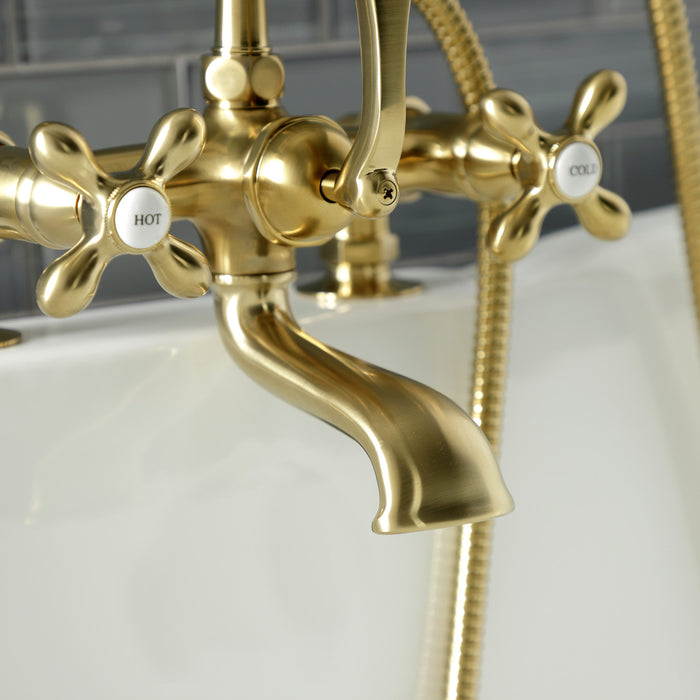 Aqua Vintage AE209T7 Three-Handle 2-Hole Deck Mount Clawfoot Tub Faucet with Hand Shower, Brushed Brass