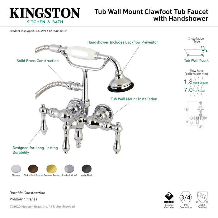 Kingston Heirloom AE20T1 - Aqua Vintage Three-Handle 2-Hole Tub Wall Mount Clawfoot Tub Faucet with Hand Shower, Polished Chrome