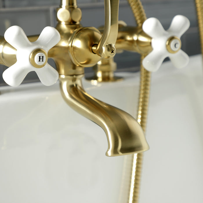 Aqua Vintage AE211T7 Three-Handle 2-Hole Deck Mount Clawfoot Tub Faucet with Hand Shower, Brushed Brass