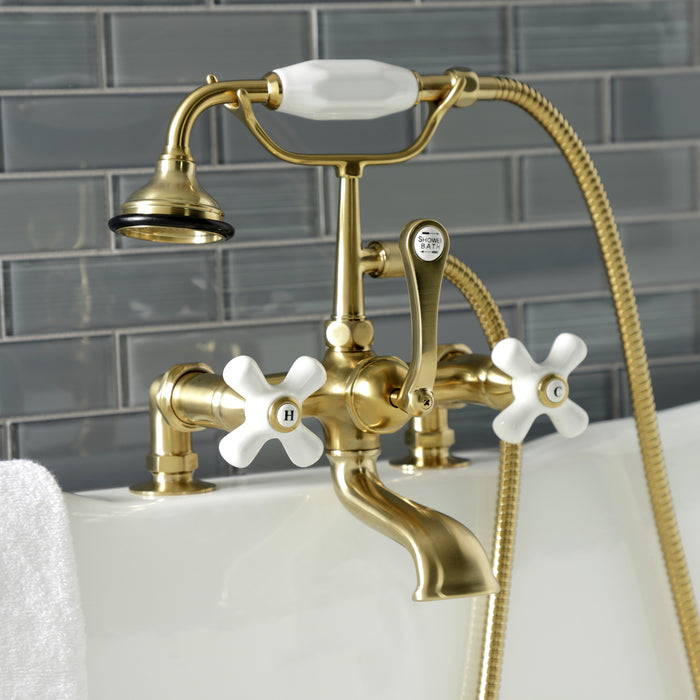 Aqua Vintage AE211T7 Three-Handle 2-Hole Deck Mount Clawfoot Tub Faucet with Hand Shower, Brushed Brass